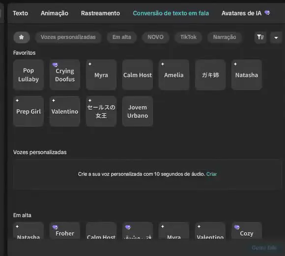 A lista de vozes do CapCut